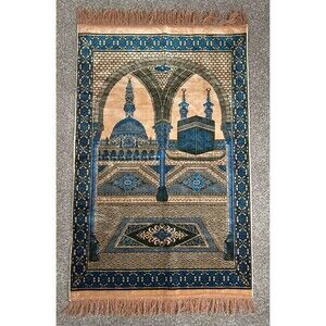Vintage Blue and Tan Colored Prayer Rug